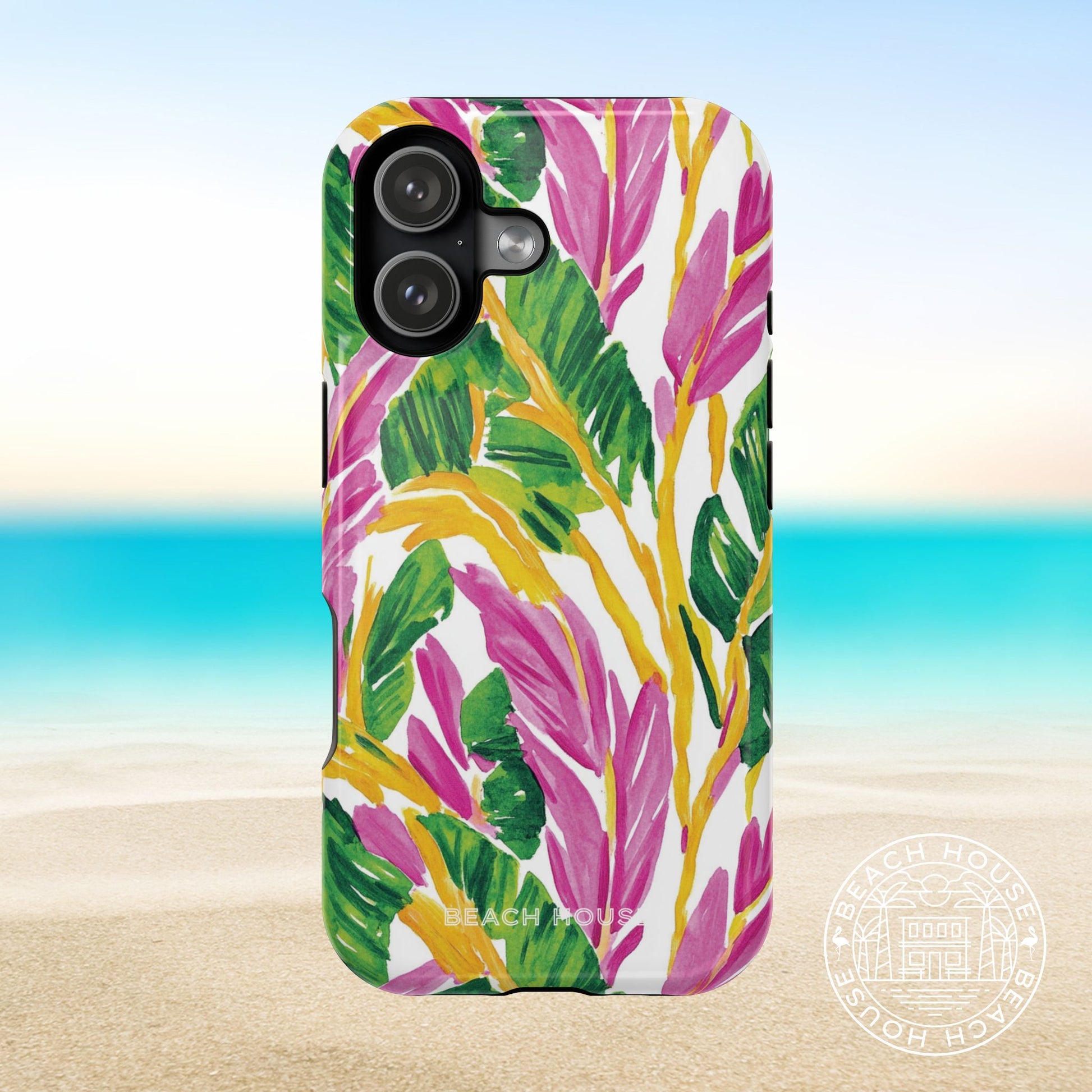 Naples MagSafe Tough Case for iPhone 17  with pink, green, and gold leaf pattern on a beach background
