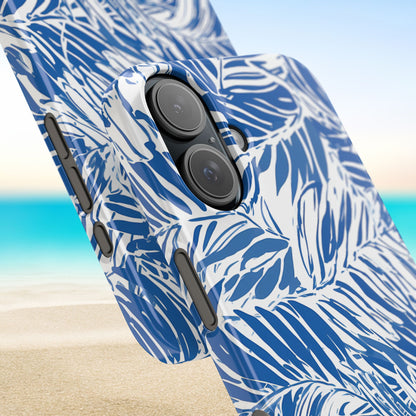 Blue and white leaf patterned Hampton Slim Case for iPhone with a beach background