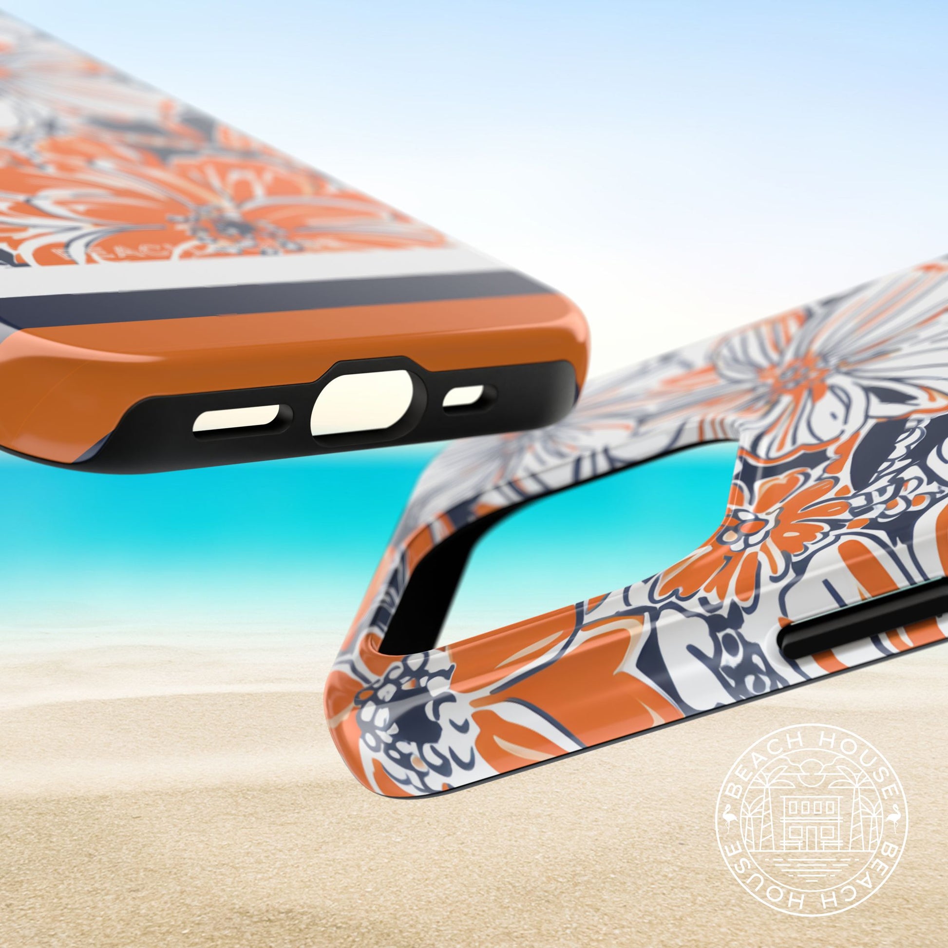 Top and bottom view of the Charlottesville Tough Case for iPhone with floral design on a beach background