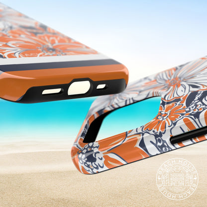 Top and bottom view of the Charlottesville Tough Case for iPhone with floral design on a beach background