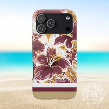 Tallahassee Tough Case for iPhone 17 Pro Max with vibrant garnet and gold design on a beach background