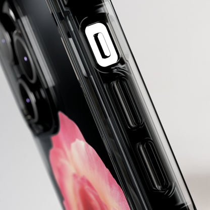 Close-up of a phone case with a floral design on a gray background