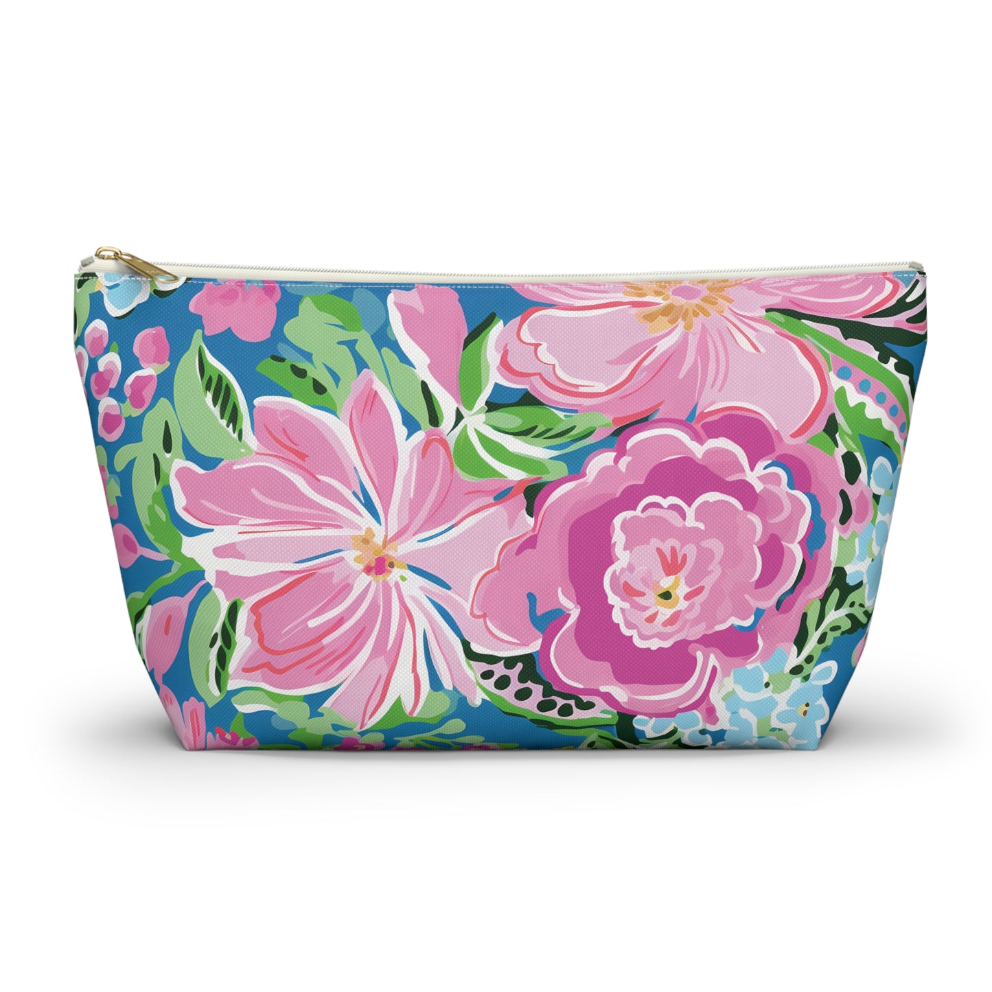 Floral-patterned pouch with pink flowers on a blue background
