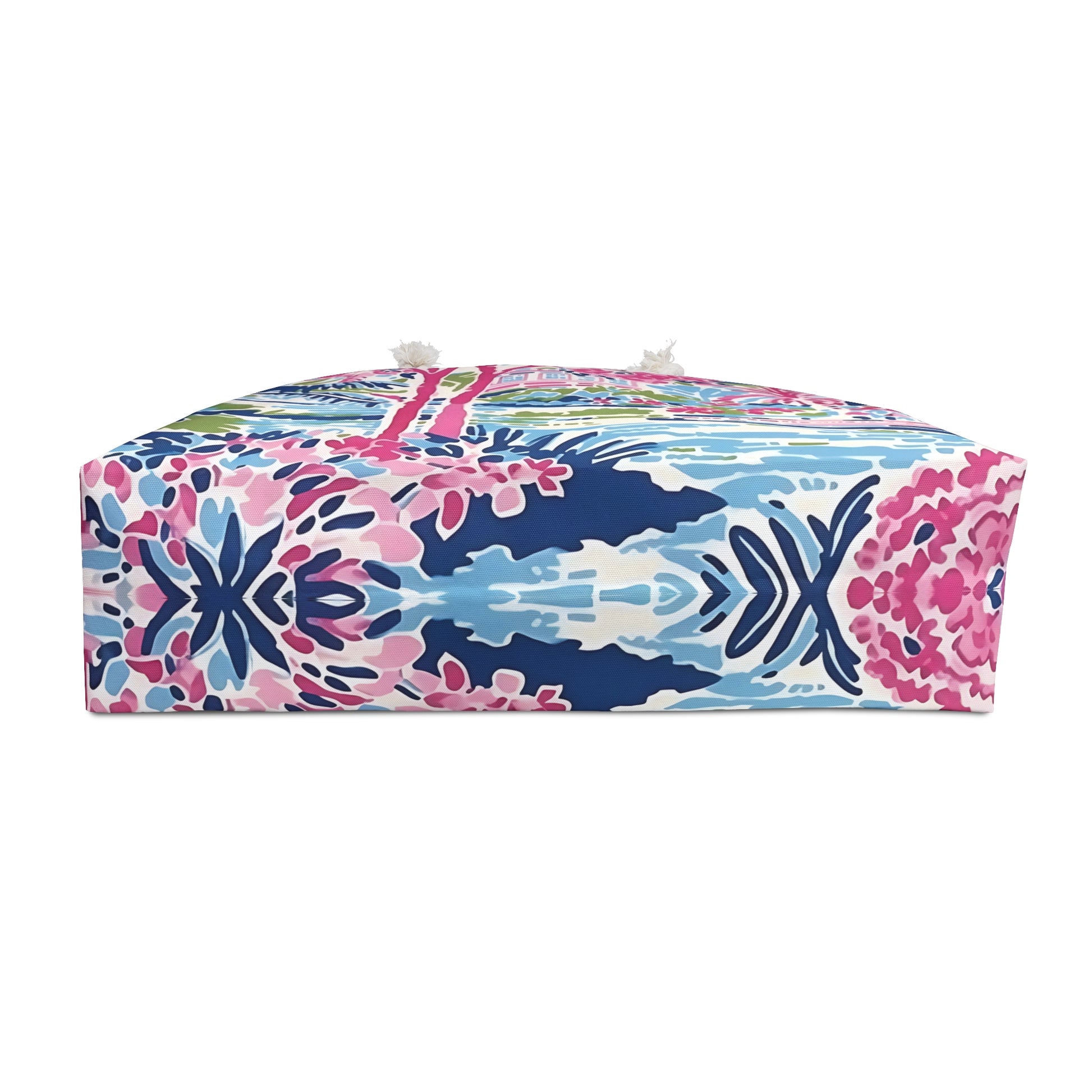 Bottom view of vibrant carryall tote bag on white background