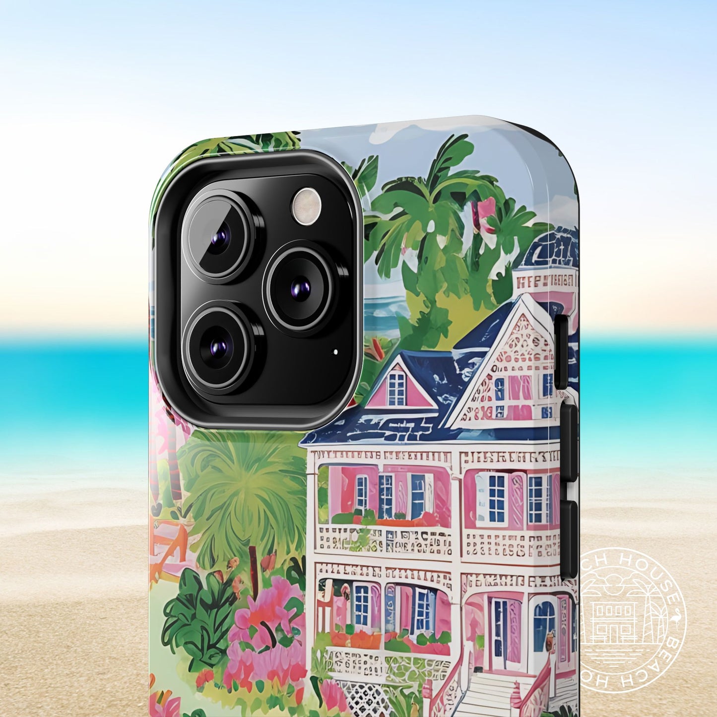 Charleston Tough Case for iPhone with tropical house and palm tree design on a beach background