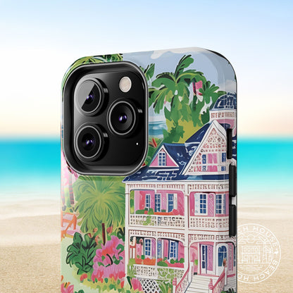 Charleston Tough Case for iPhone with tropical house and palm tree design on a beach background