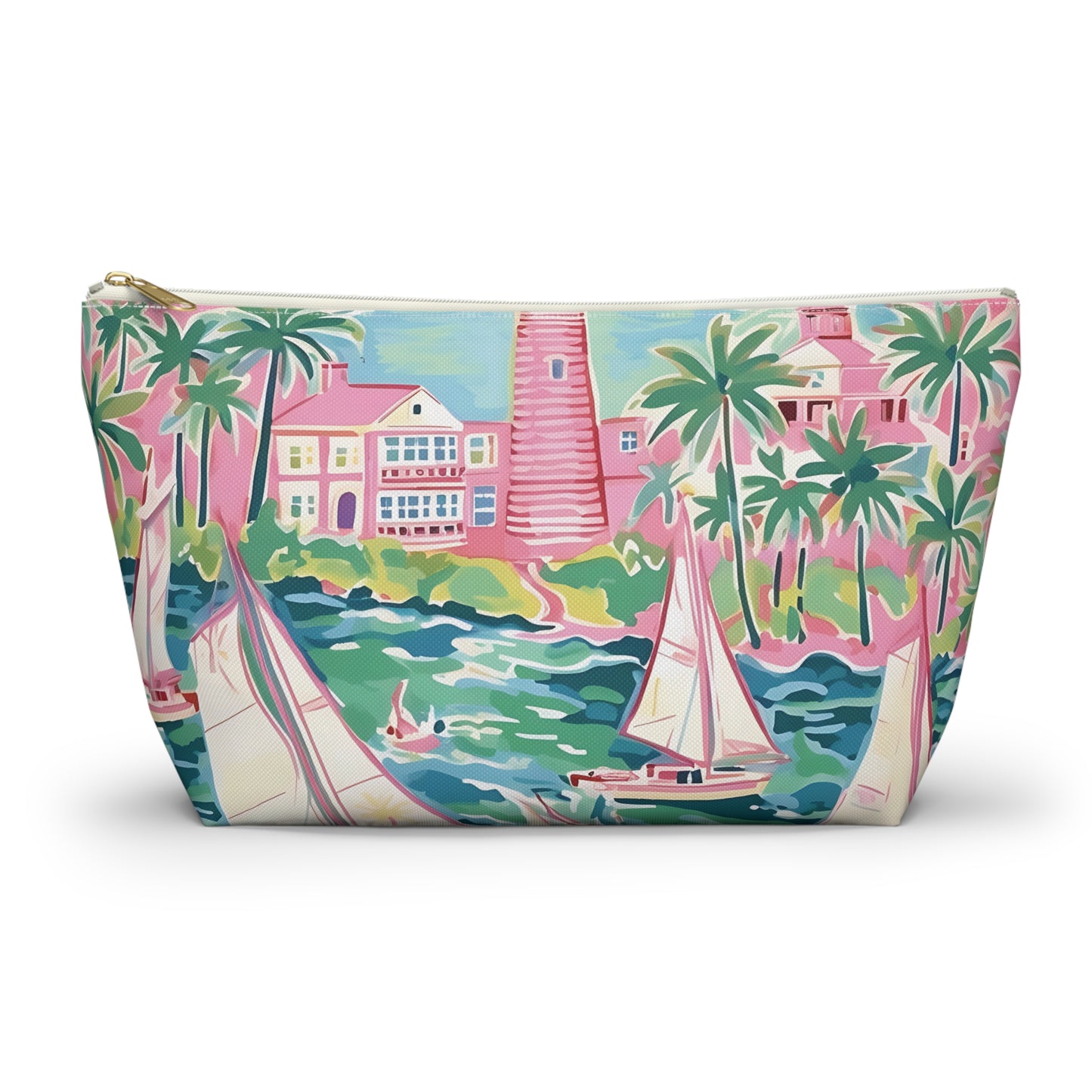 Pouch with a colorful design of palm trees, houses, and sailboats on a white background