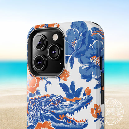 Close up view of artwork details on the Gainesville Tough Case for iPhone on a beach background