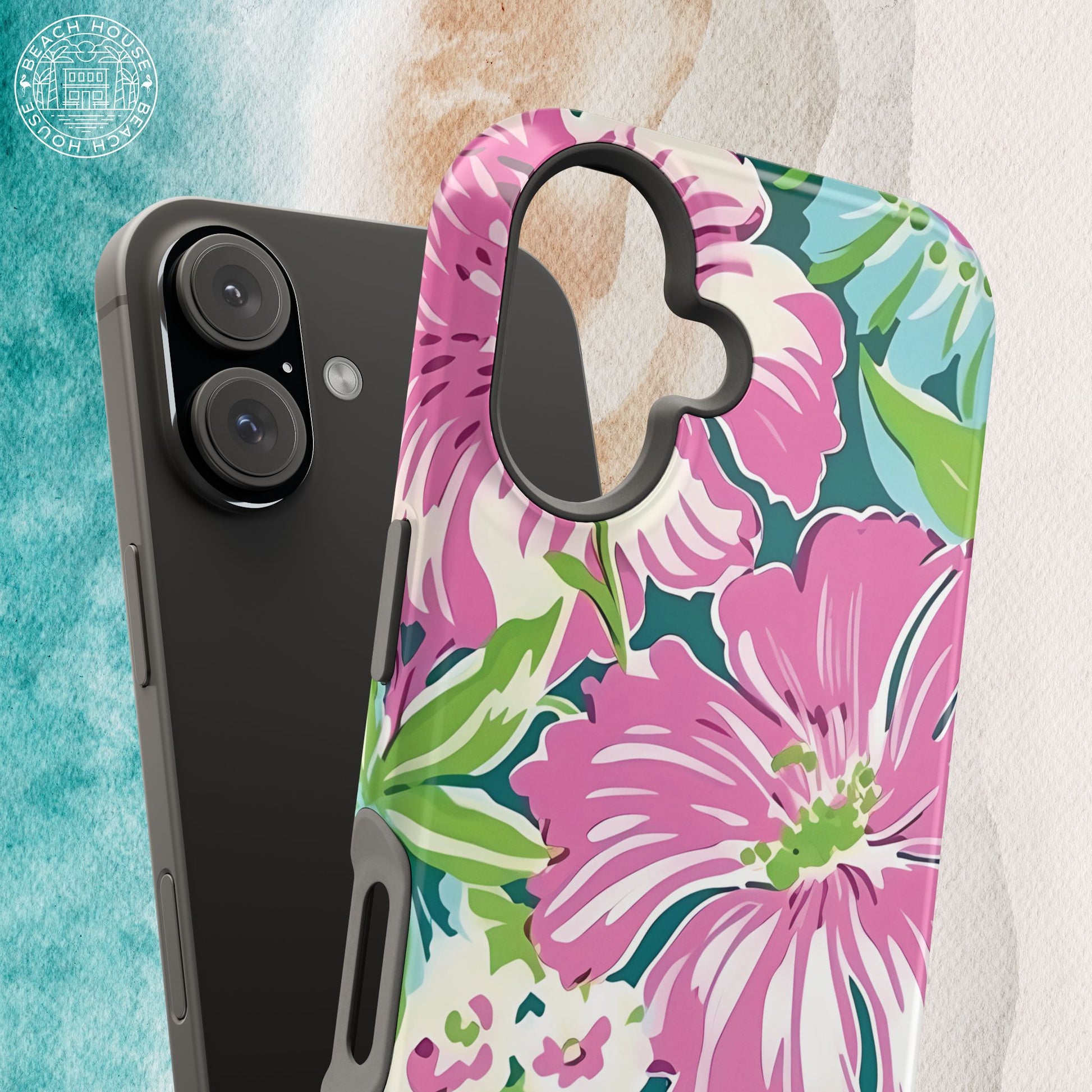Floral Seaside MagSafe Tough Case for iPhone with a ring holder on a textured background