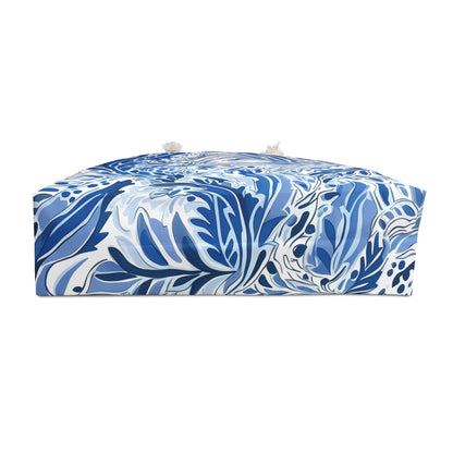 Bottom view of the Nags Head Weekender tote bag with a blue and white patterned tropical design.