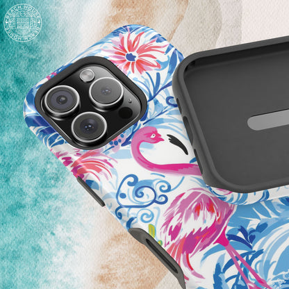 Interior and exterior view of the Flamingo Beach MagSafe Tough Case for iPhone, on a textured surface