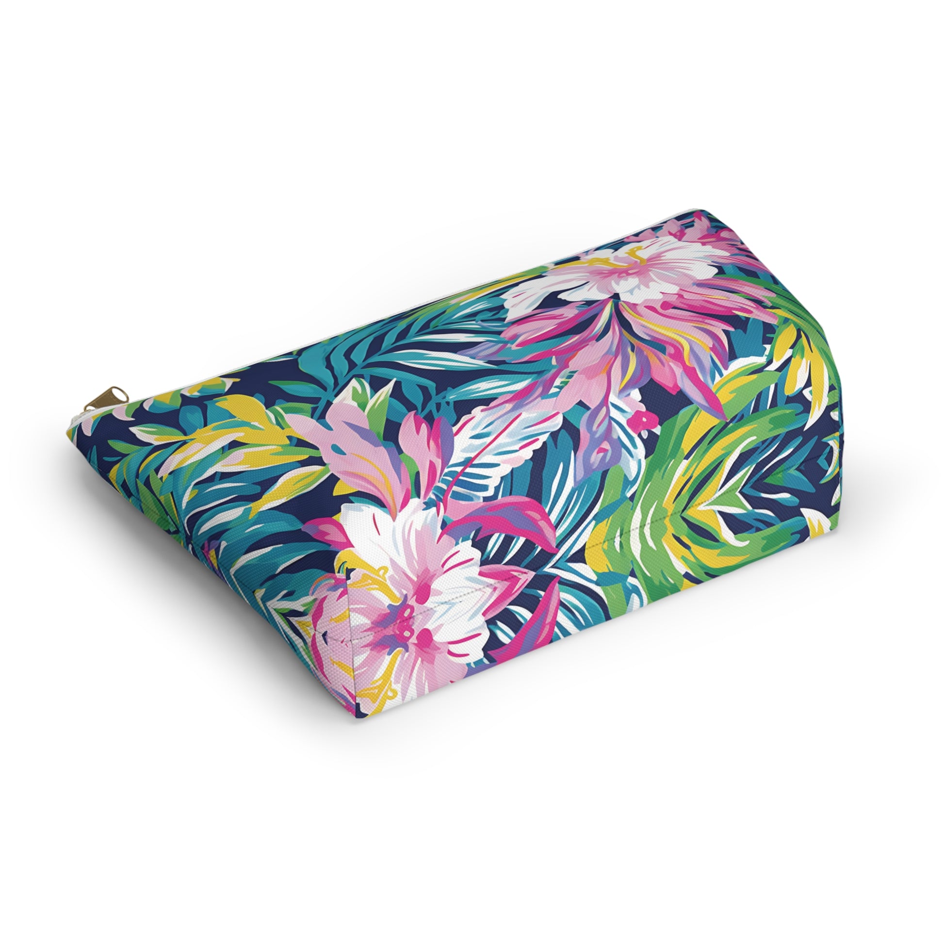 Colorful floral and leaf patterned pouch on a white background