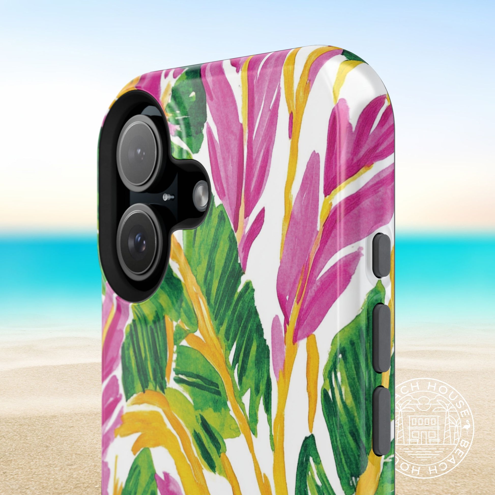 Close up view of the Naples MagSafe Tough Case for iPhone, on a beach background