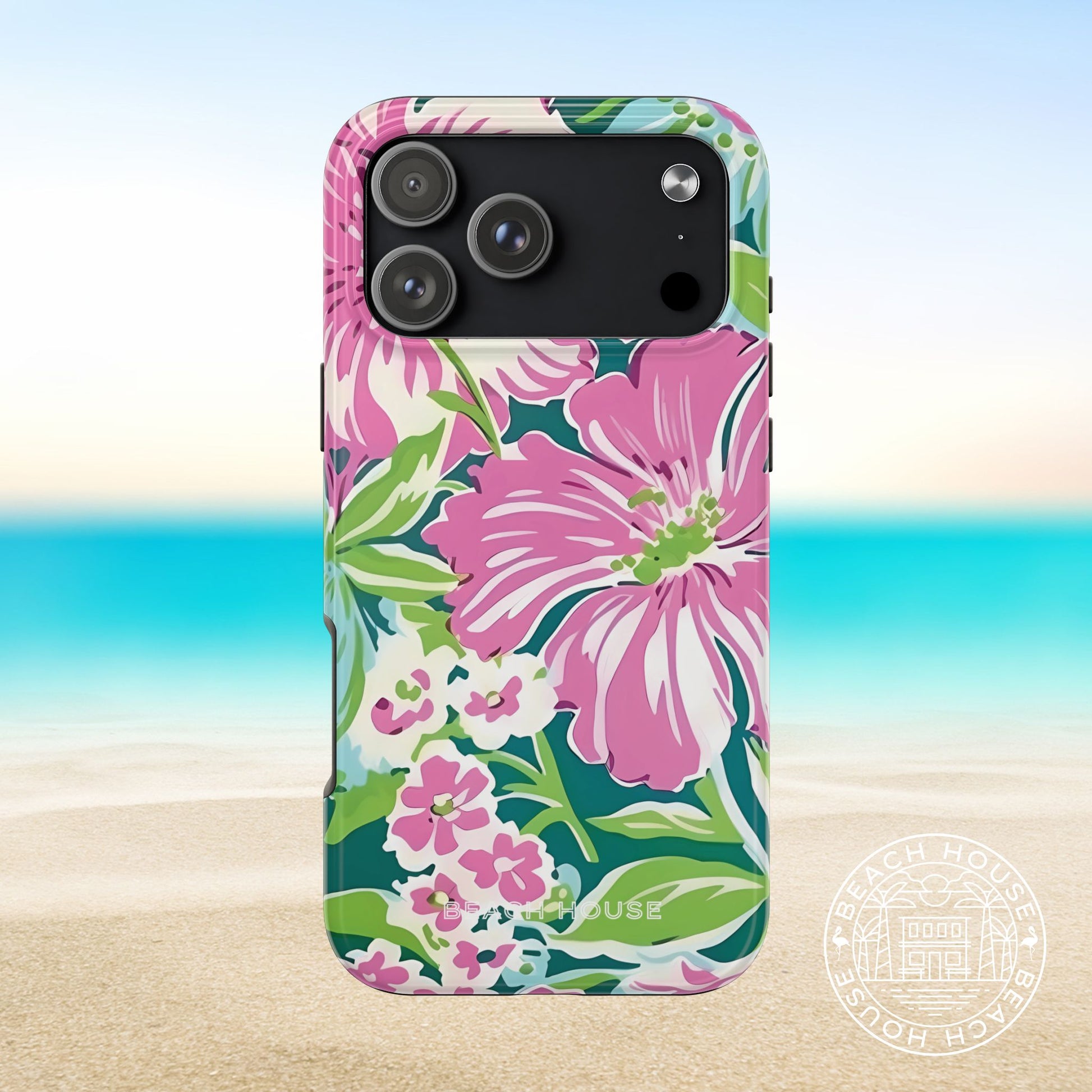 Floral Seaside Tough Case for iPhone 17 Pro Max with pink flowers on a beach background