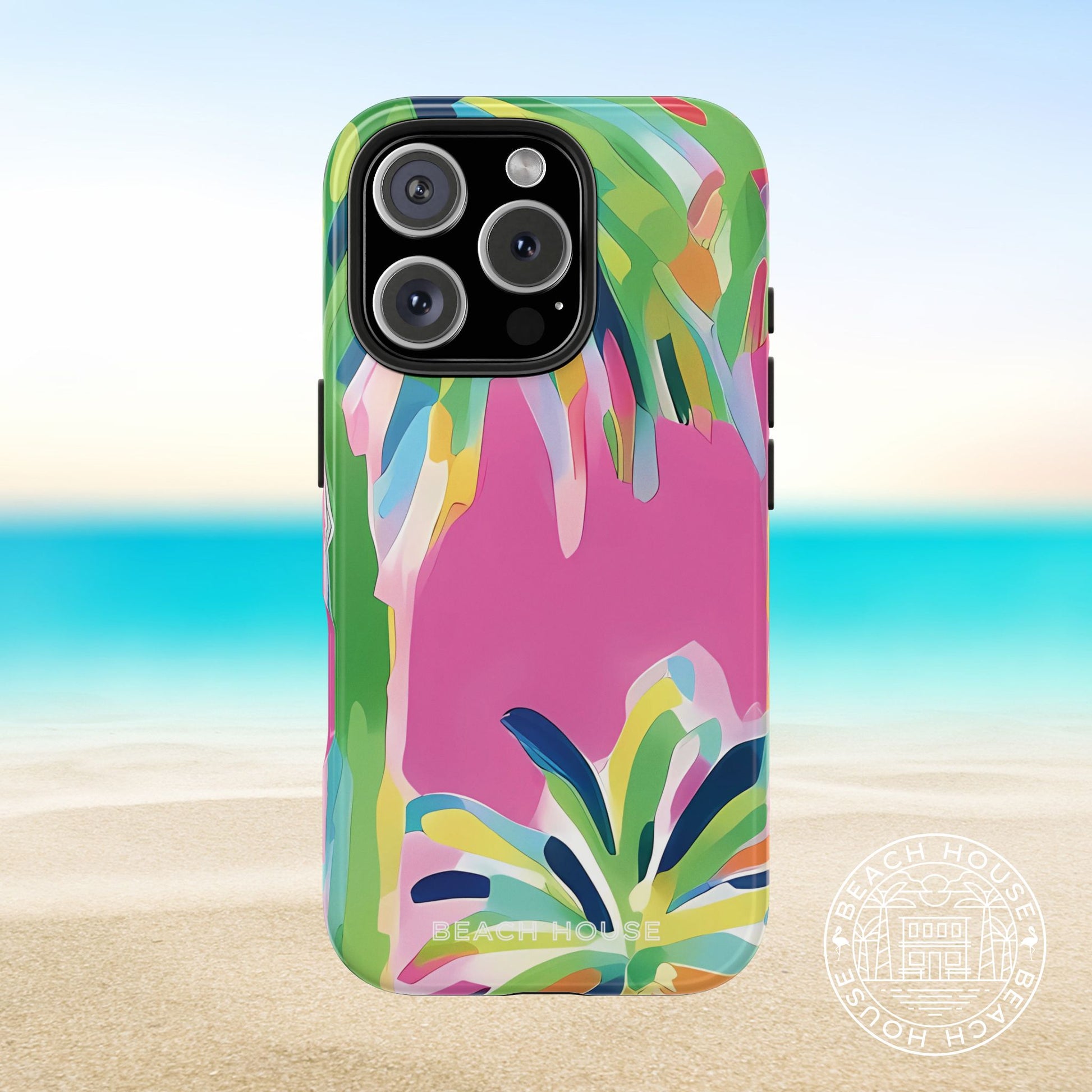 Boca Tough case for iPhone 16 Pro with palm leaf design on a beach background