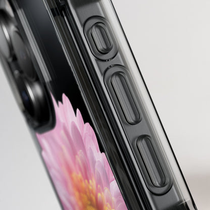 Close-up of a smartphone with a floral display and black case on a light gray background