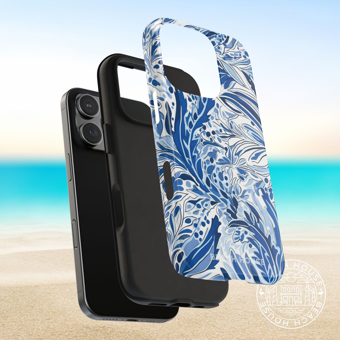 Protective layers of the Nags Head case for iPhone on a smartphone with a beach background