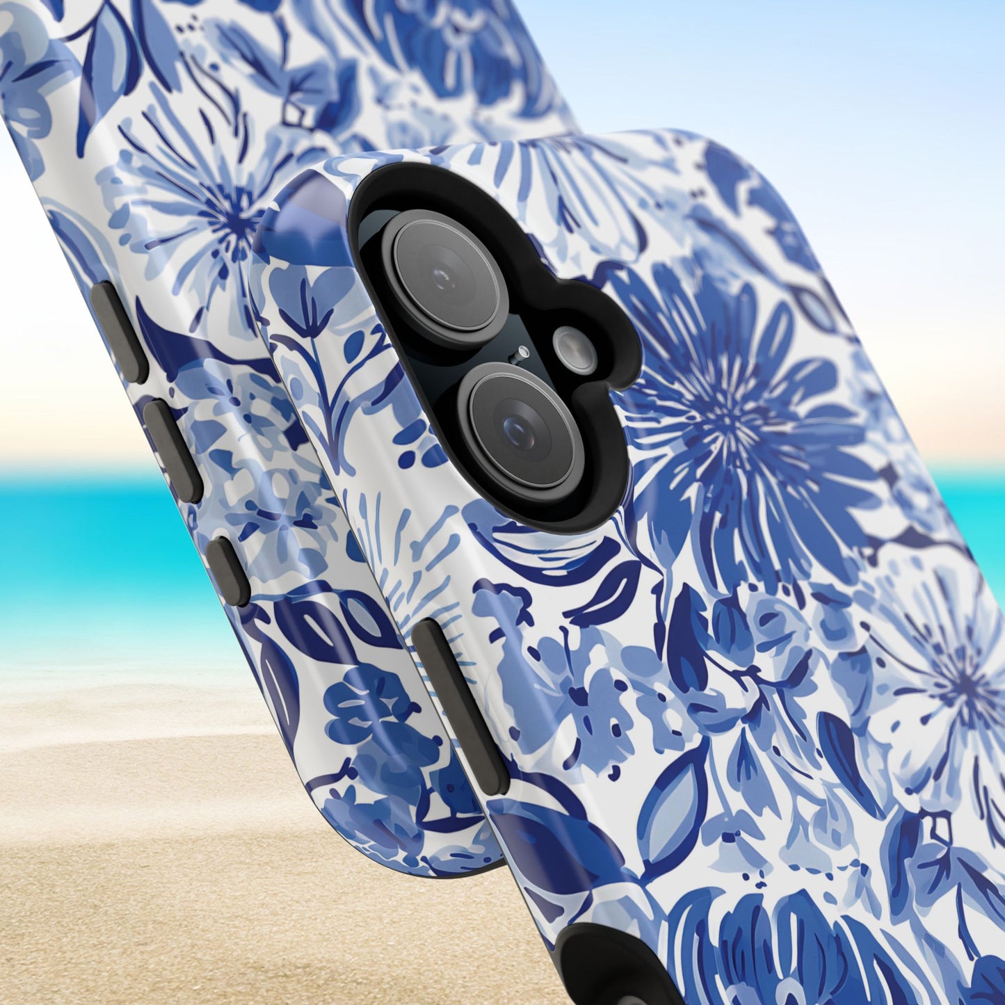 Close up views of the Lexington MagSafe Tough Case for iPhone with a beach background