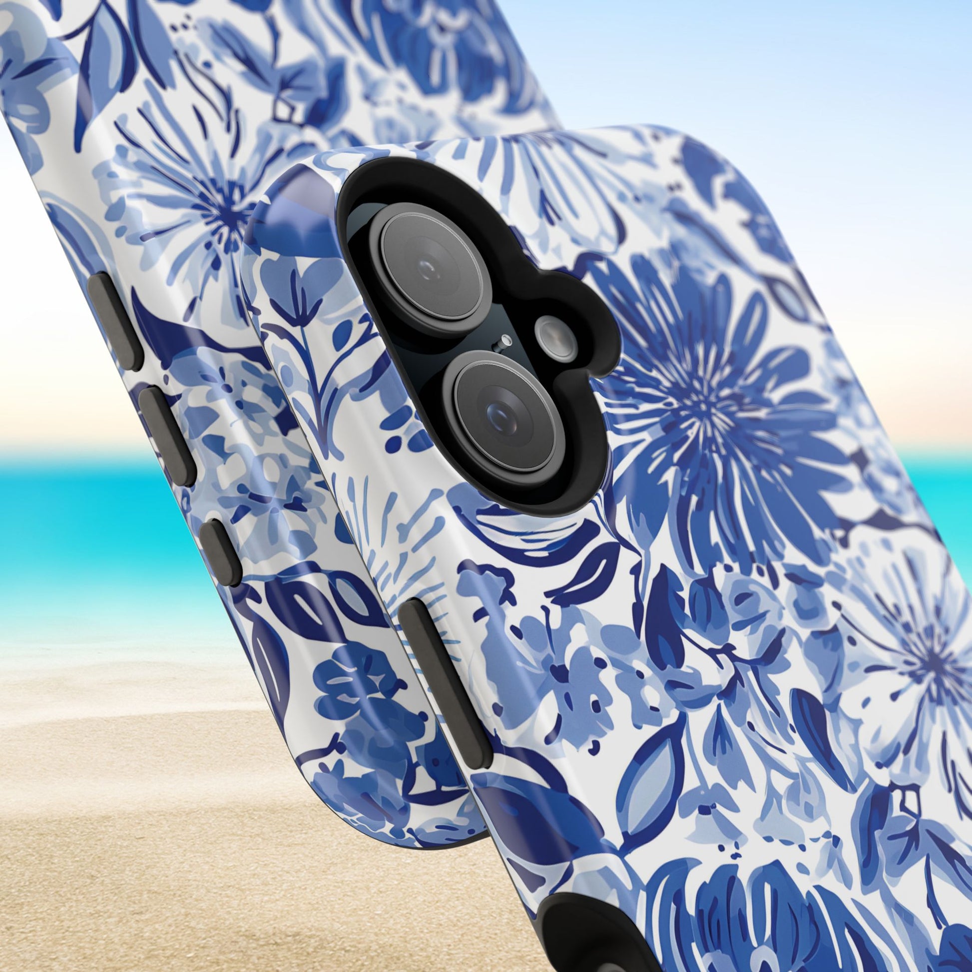 Close up views of the Lexington MagSafe Tough Case for iPhone with a beach background