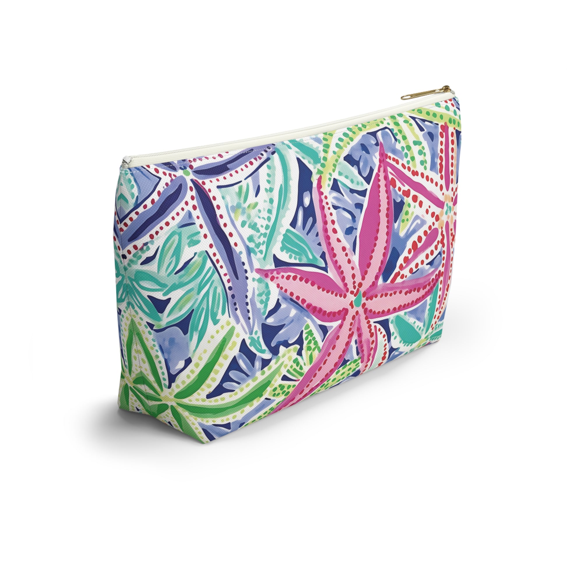 Colorful makeup bag with a geometric pattern on a white background