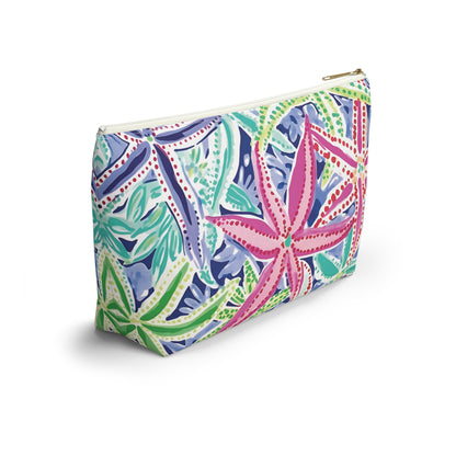 Colorful makeup bag with a geometric pattern on a white background