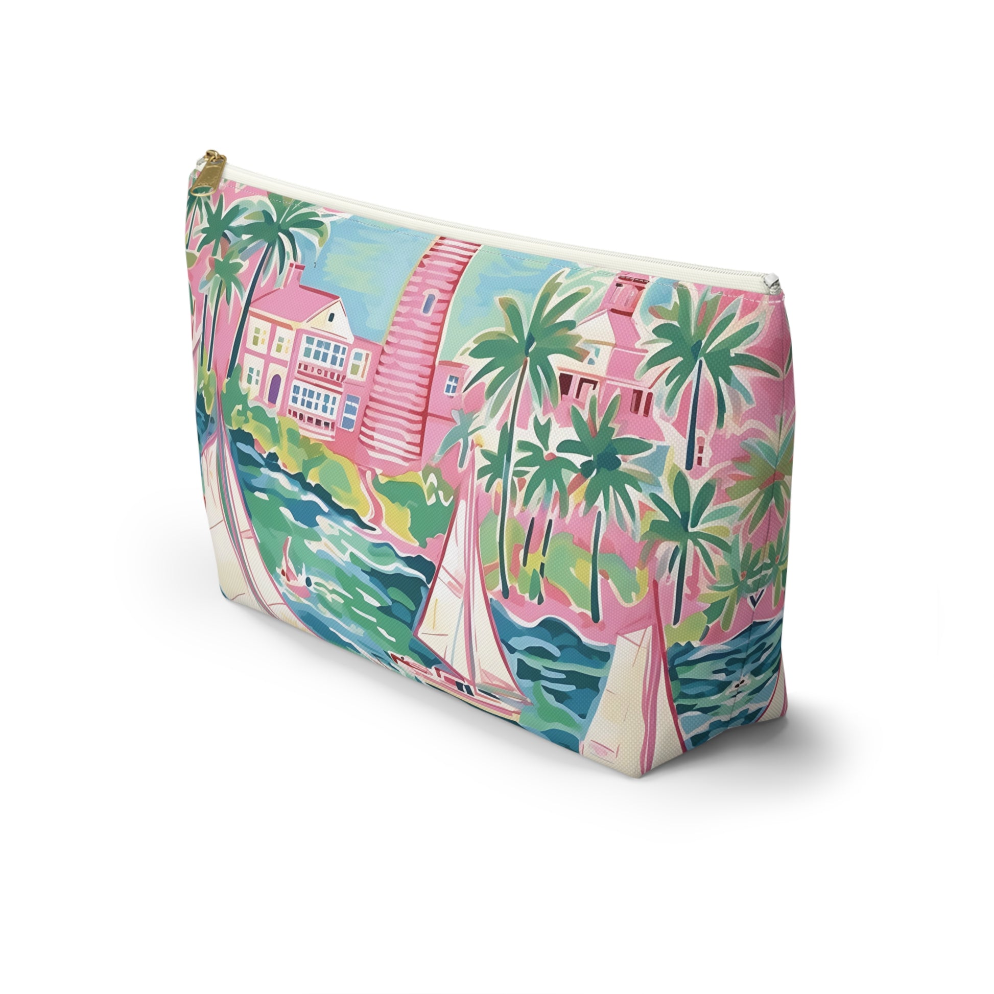 Colorful pouch with tropical design featuring palm trees and a house.