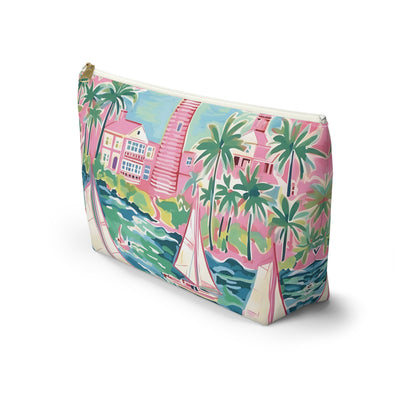 Colorful pouch with tropical design featuring palm trees and a house.