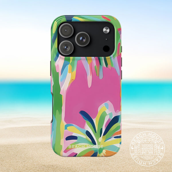Boca Tough case for iPhone 17 Pro with tropical design on a beach background