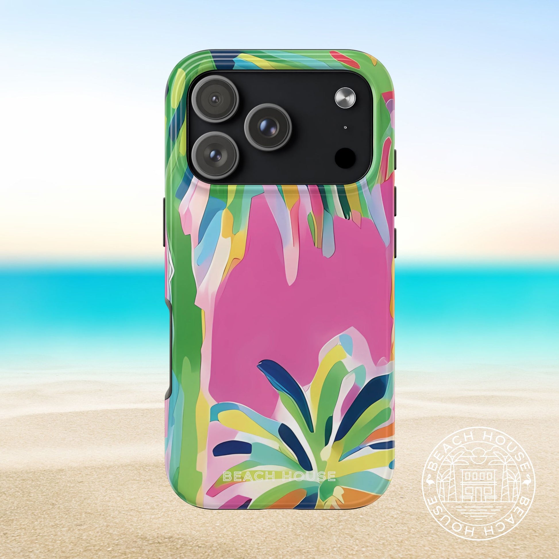 Boca Tough case for iPhone 17 Pro with tropical design on a beach background