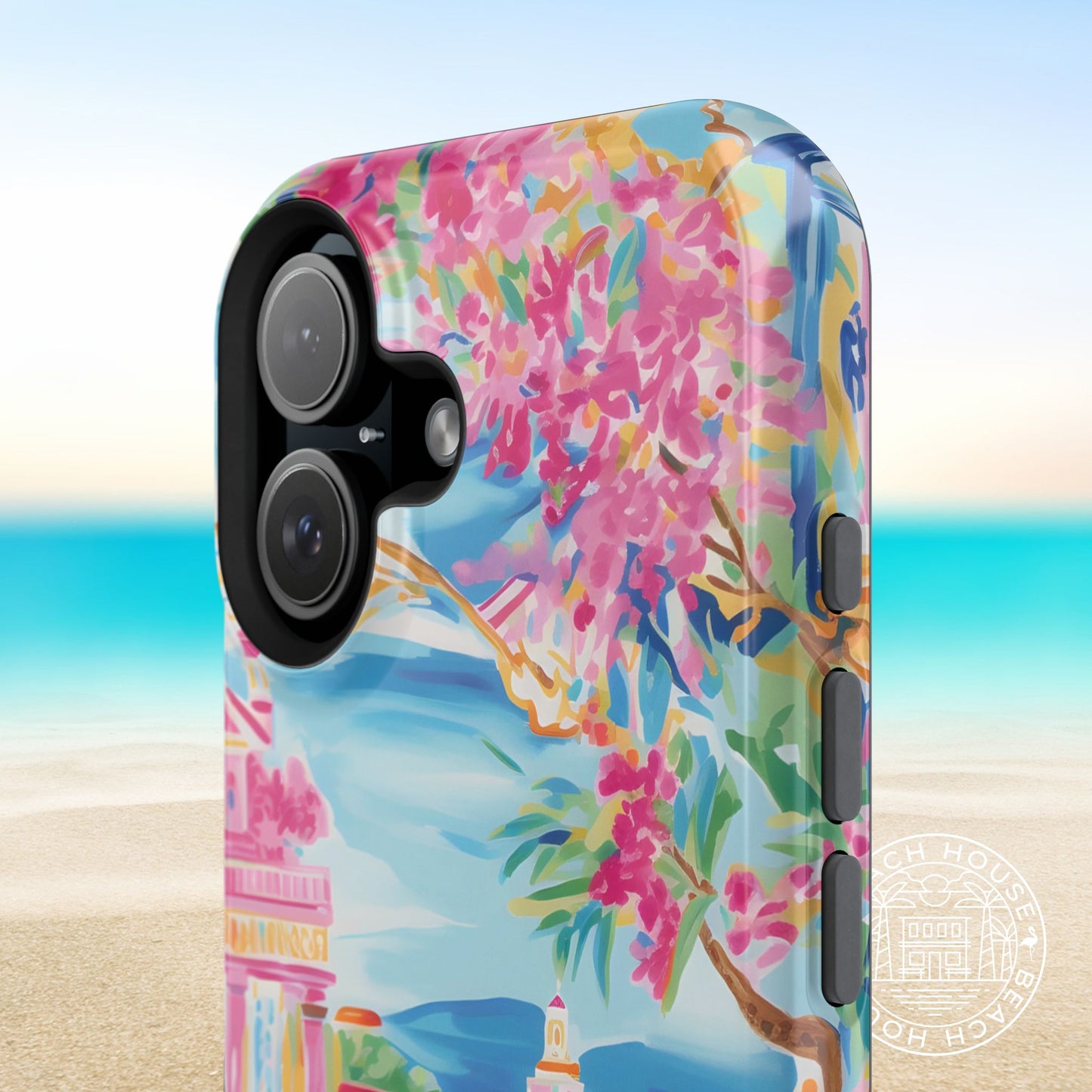 Colorful Positano MagSafe Tough Case for iPhone with a beach background