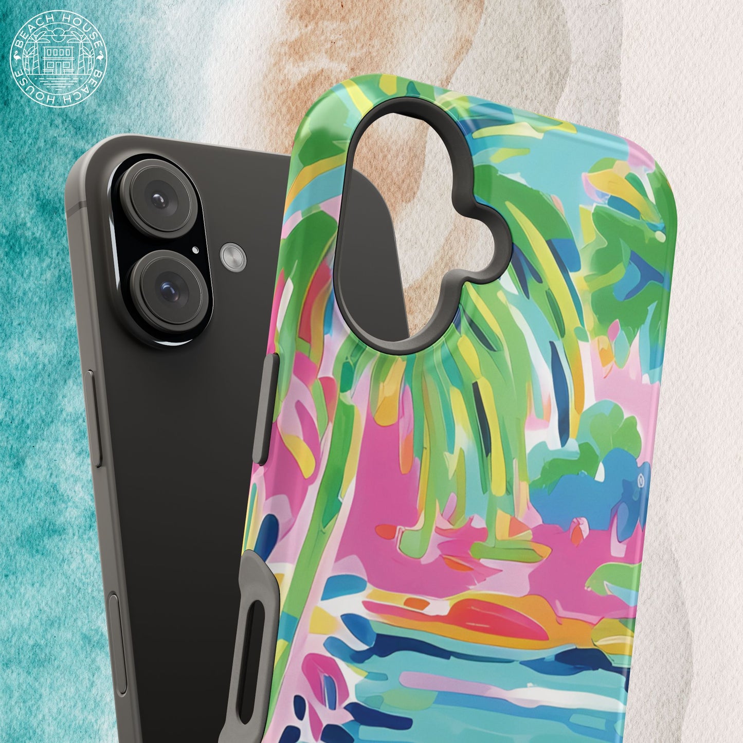 Delray MagSafe Tough Case for iPhone with a vibrant coastal design on a textured background