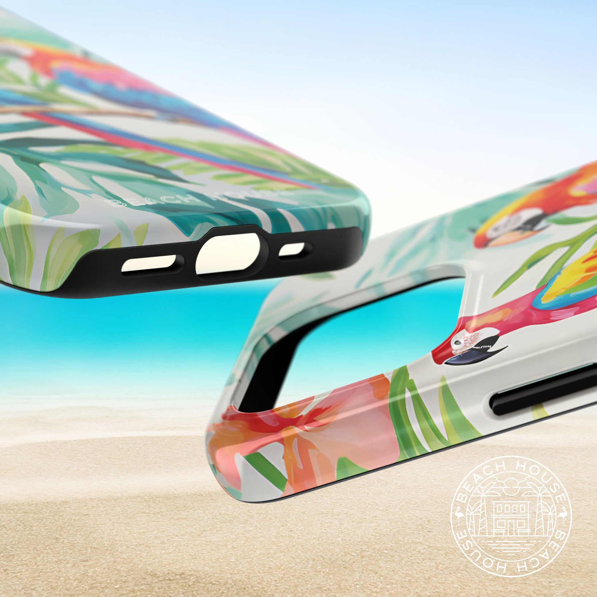 Top and bottom views of the Copacabana Tough Case for iPhone with tropical design on a beach background