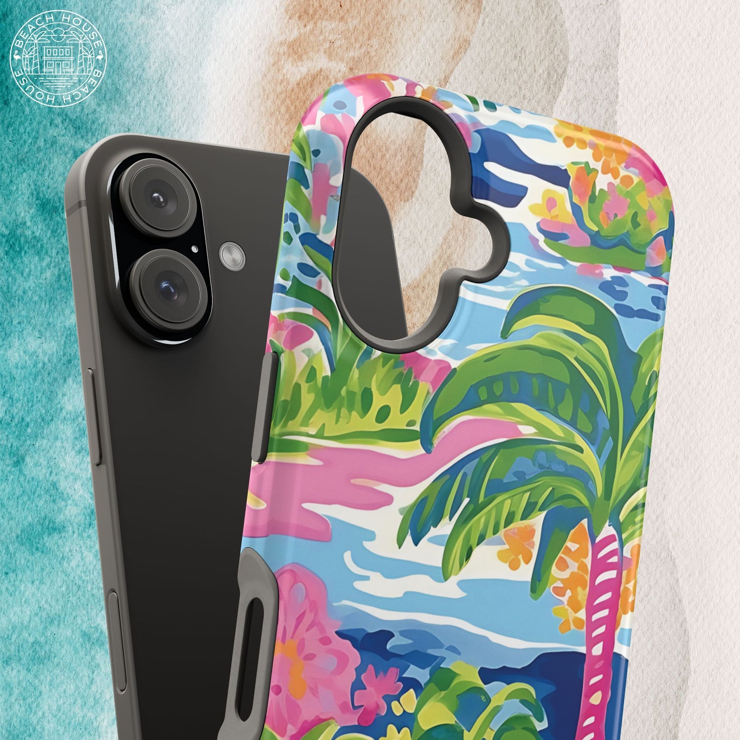 Kiawah MagSafe Tough Case for iPhone with tropical design featuring palm trees and colorful patterns on a textured background.