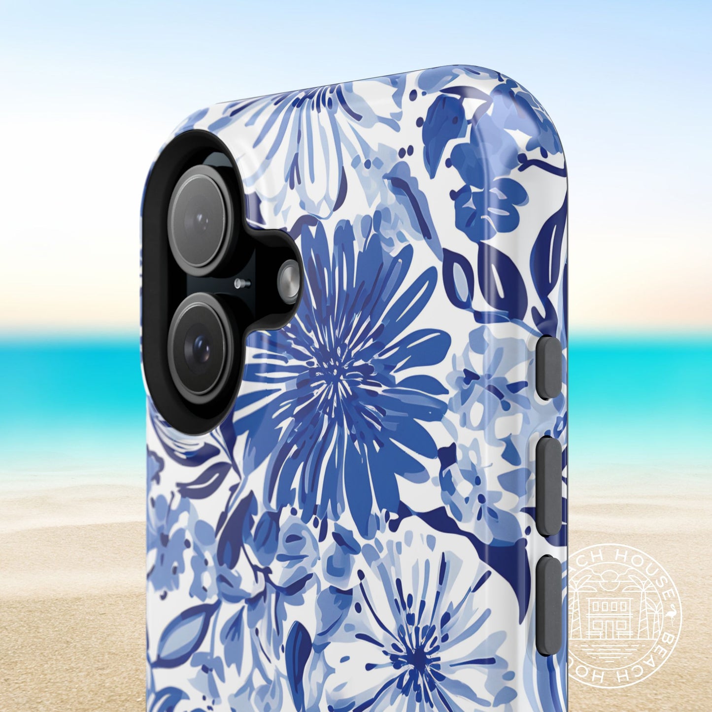 Close up view of Lexington MagSafe Tough Case for iPhone featuring tropical artwork with a beach background