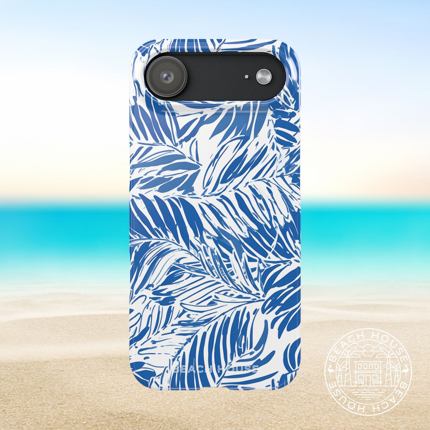 Hampton Slim Case for iPhone 17 Air with blue leaf pattern on a beach background