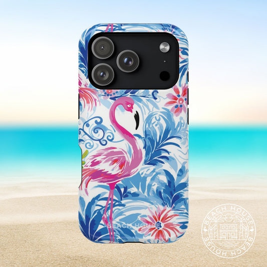 Flamingo Beach MagSafe Tough Case for iPhone 17 Pro with flamingo design on a beach background