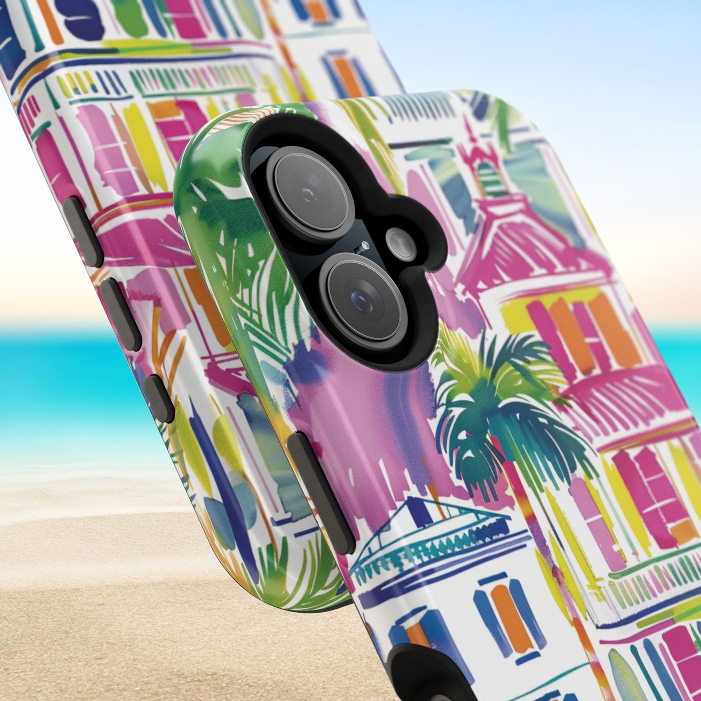 Close up views of the George Town MagSafe Tough Case for iPhone with architectural design on a beach background