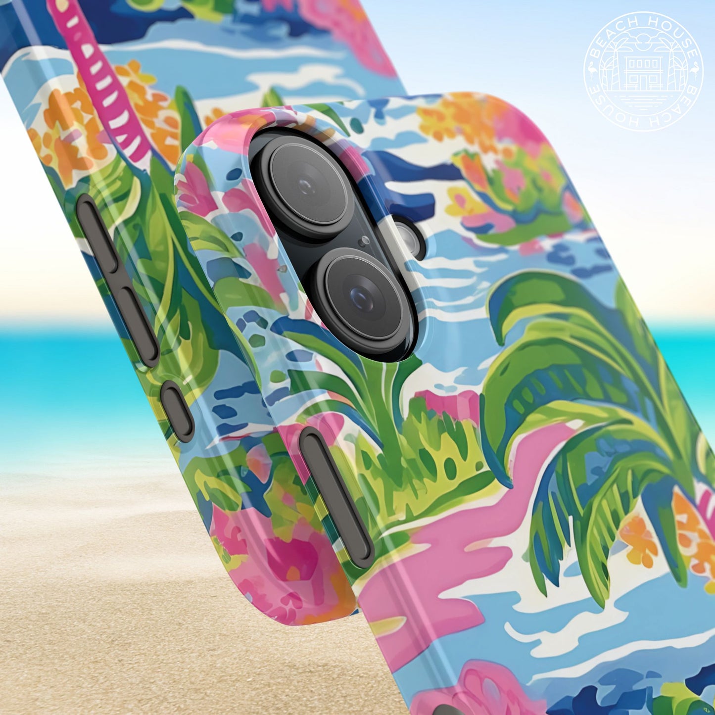 Close up views of Kiawah Slim Case for iPhone with tropical design on a beach background