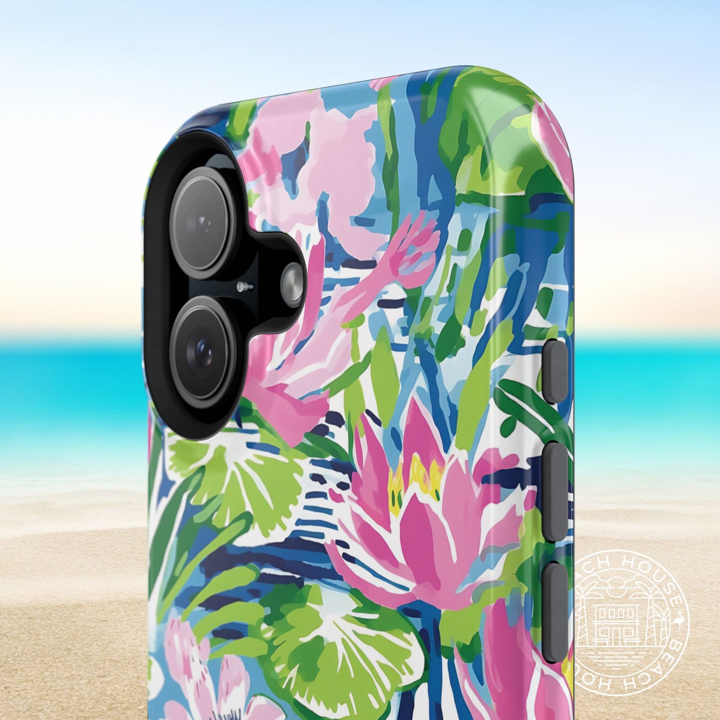 Close up view of the Everglades MagSafe Tough Case for iPhone with a beach background