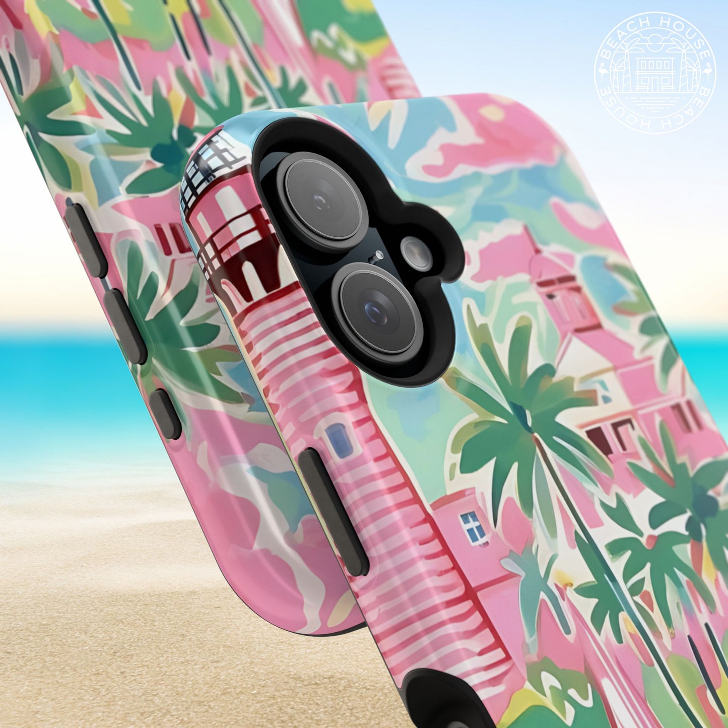 St. Simon MagSafe Tough Case for iPhone with tropical design featuring palm trees and a building on a beach background