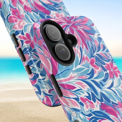 Destin Tough Case for iPhone with pink and blue floral pattern on a beach background