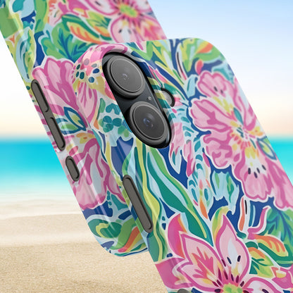 Close up views of the tropical Fernandina Slim Case for iPhone with a beach background