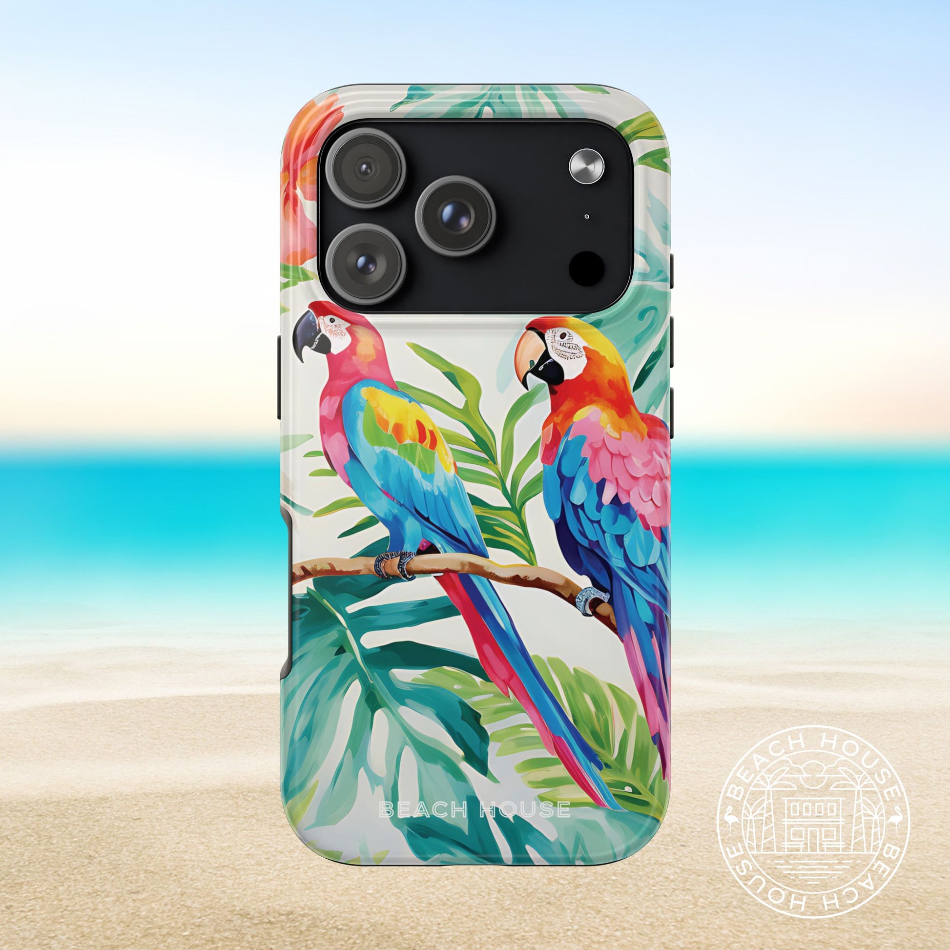 Copacabana Tough Case for iPhone 17 Pro with parrot design on a beach background