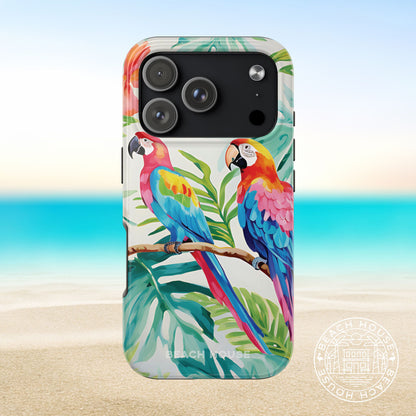 Copacabana Tough Case for iPhone 17 Pro with parrot design on a beach background