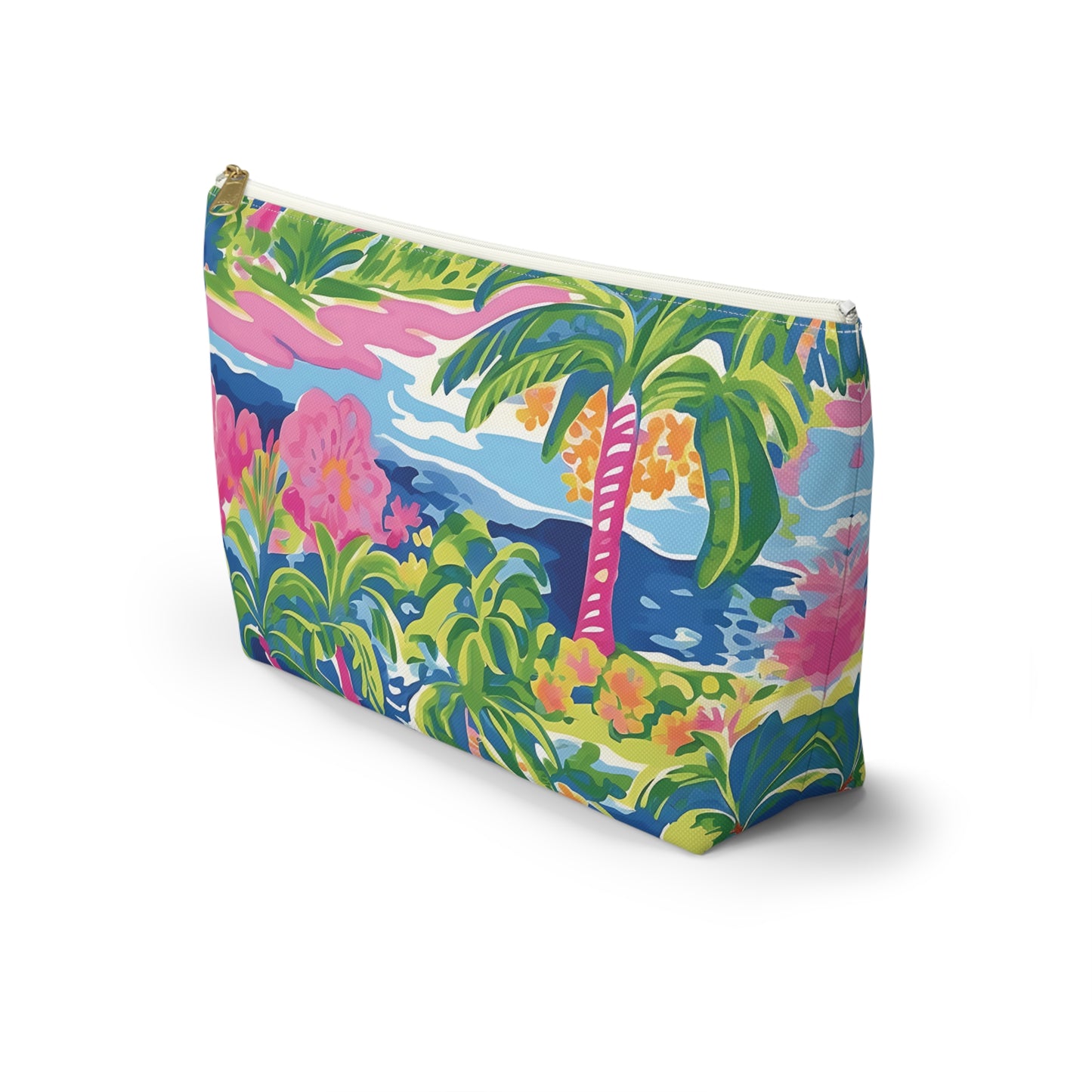 Colorful pouch with tropical design featuring palm trees and flowers on a white background