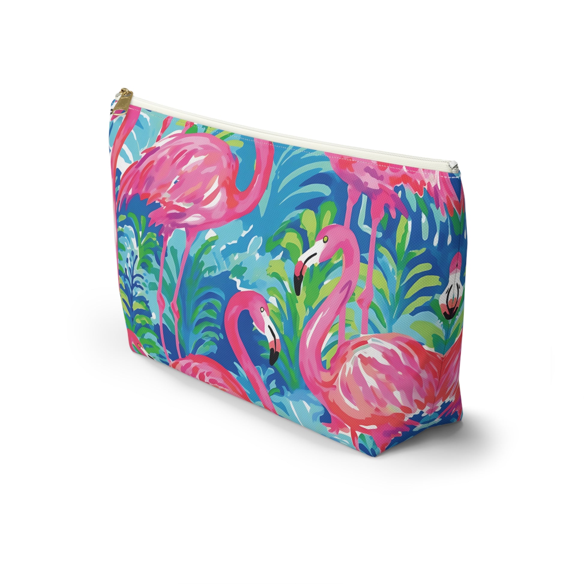 Pouch with pink flamingo design on a blue background