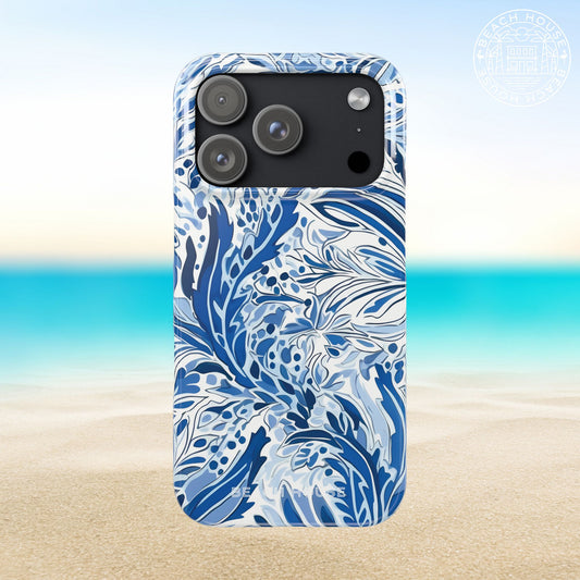 Nags Head Slim Case for iPhone 17 Pro with blue and white floral pattern on a beach background