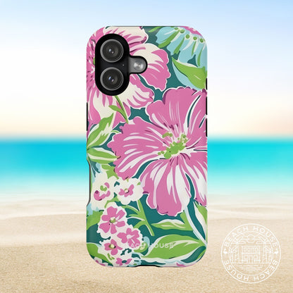 Floral Seaside MagSafe Tough Case for iPhone 17 with pink and green flowers on a beach background