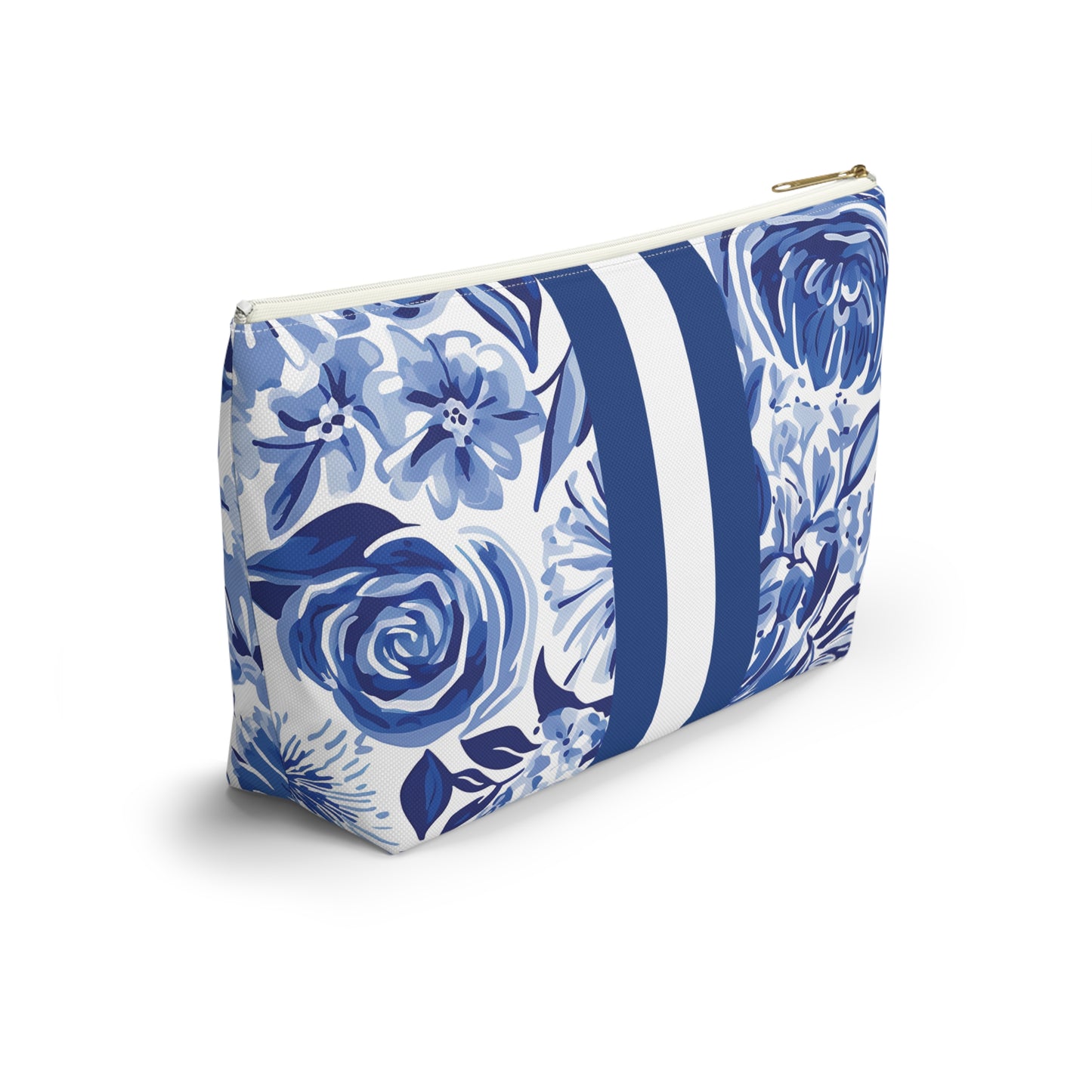 Blue floral patterned pouch on a white background