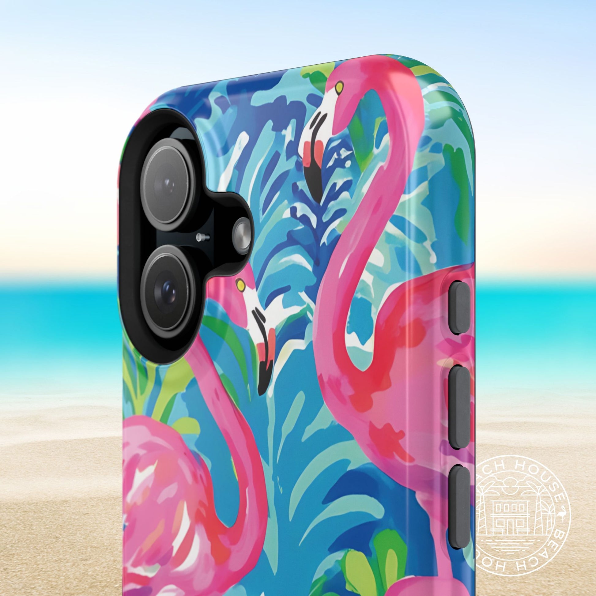 Key Largo MagSafe Tough Case for iPhone with pink flamingo design on a tropical leaf background